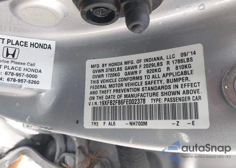 2015 Honda Civic Ex from USA, damaged, VIN 19XFB2F86FE002378